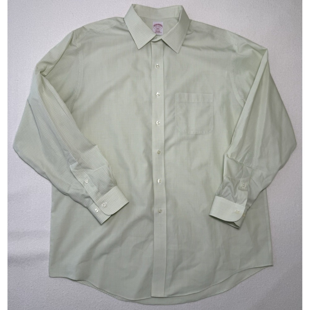 Brooks Brothers 346 Shirt Mens 17-4/5 Green White Check Non-Iron Cotton